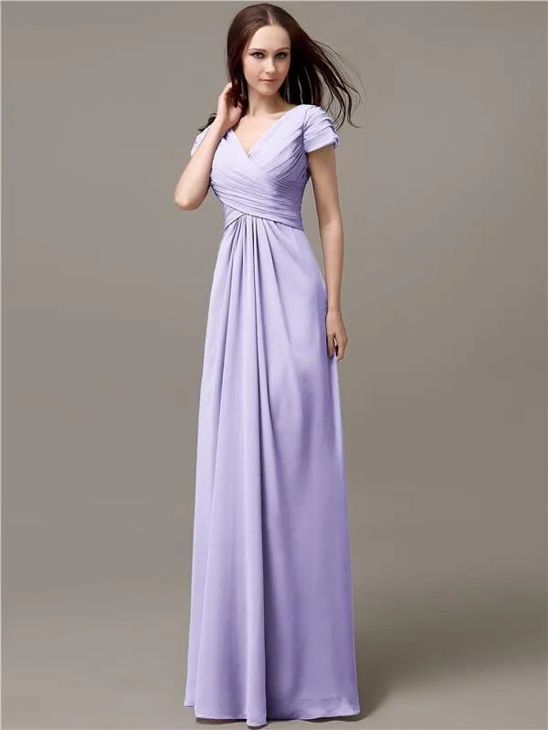 Elegant V-neck Short Sleeves A-line Floor-Length Bridesmaid Dresses