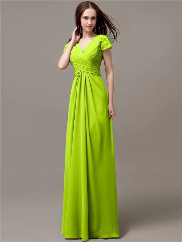 Elegant V-neck Short Sleeves A-line Floor-Length Bridesmaid Dresses