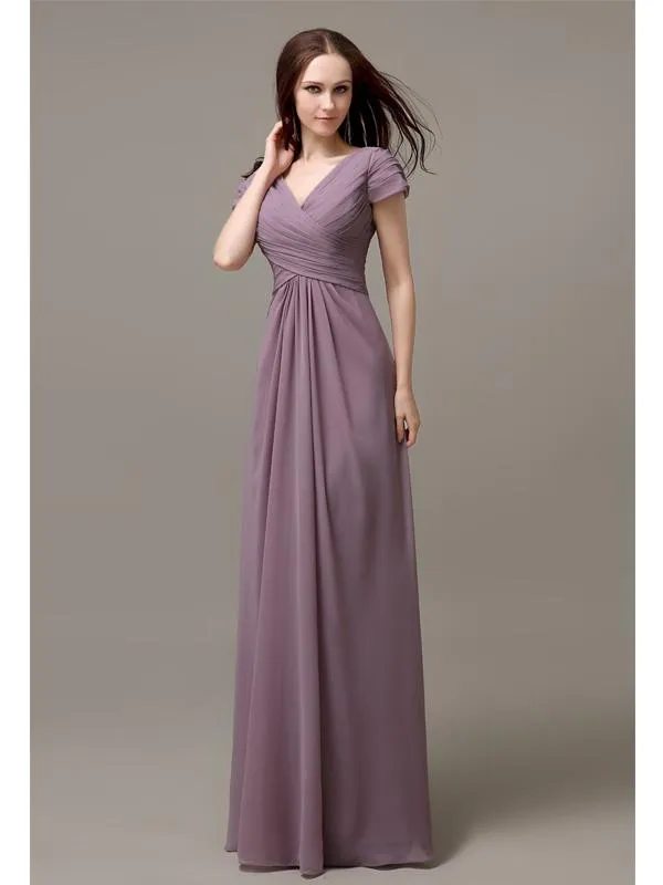 Elegant V-neck Short Sleeves A-line Floor-Length Bridesmaid Dresses