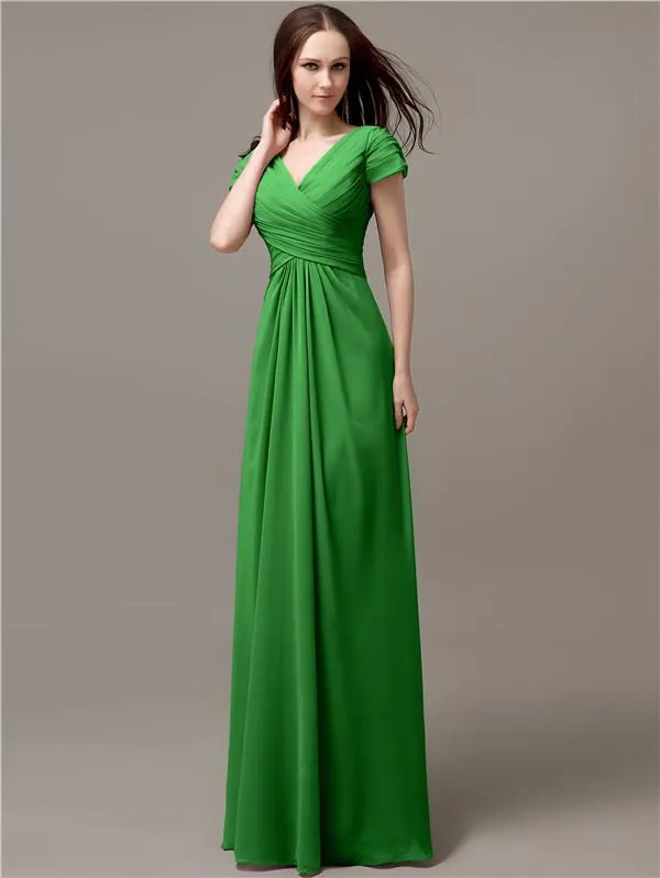 Elegant V-neck Short Sleeves A-line Floor-Length Bridesmaid Dresses