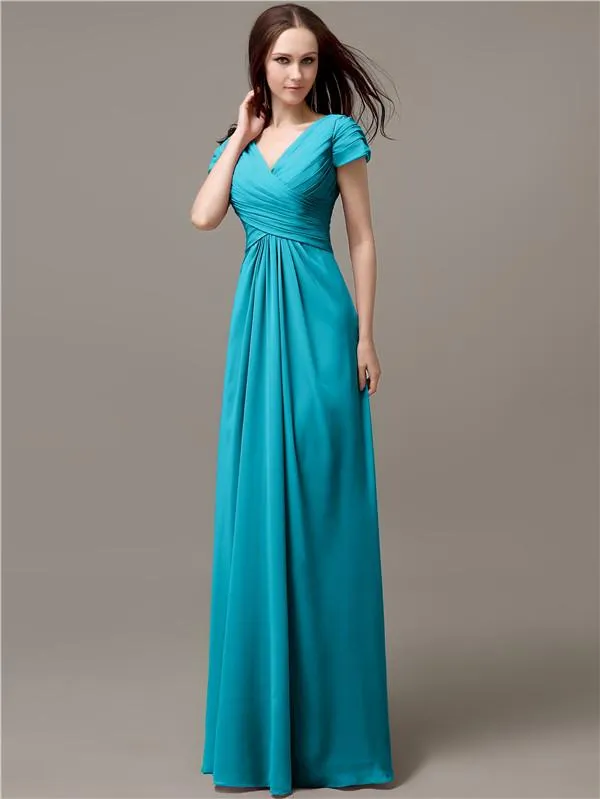 Elegant V-neck Short Sleeves A-line Floor-Length Bridesmaid Dresses