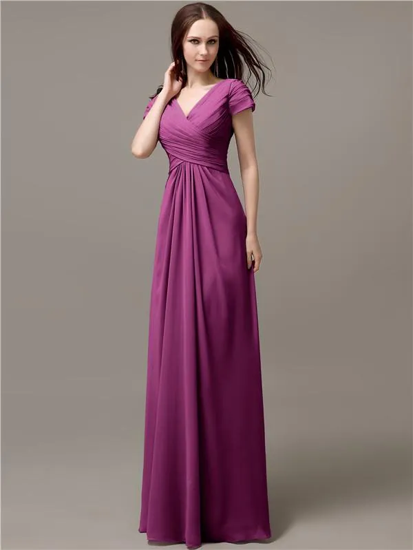 Elegant V-neck Short Sleeves A-line Floor-Length Bridesmaid Dresses