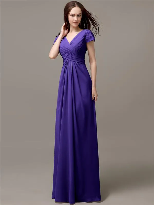 Elegant V-neck Short Sleeves A-line Floor-Length Bridesmaid Dresses