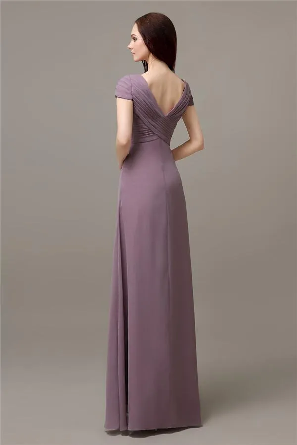 Elegant V-neck Short Sleeves A-line Floor-Length Bridesmaid Dresses