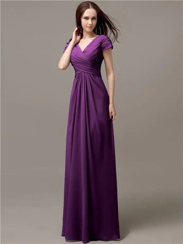 Elegant V-neck Short Sleeves A-line Floor-Length Bridesmaid Dresses