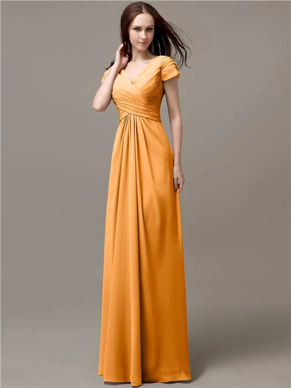 Elegant V-neck Short Sleeves A-line Floor-Length Bridesmaid Dresses