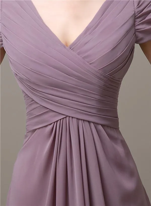 Elegant V-neck Short Sleeves A-line Floor-Length Bridesmaid Dresses