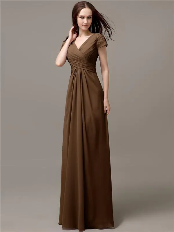 Elegant V-neck Short Sleeves A-line Floor-Length Bridesmaid Dresses