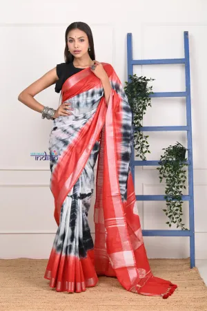 EXCLUSIVE! Handmade Tie and Dye Cotton Red-Black Saree By Women Weavers