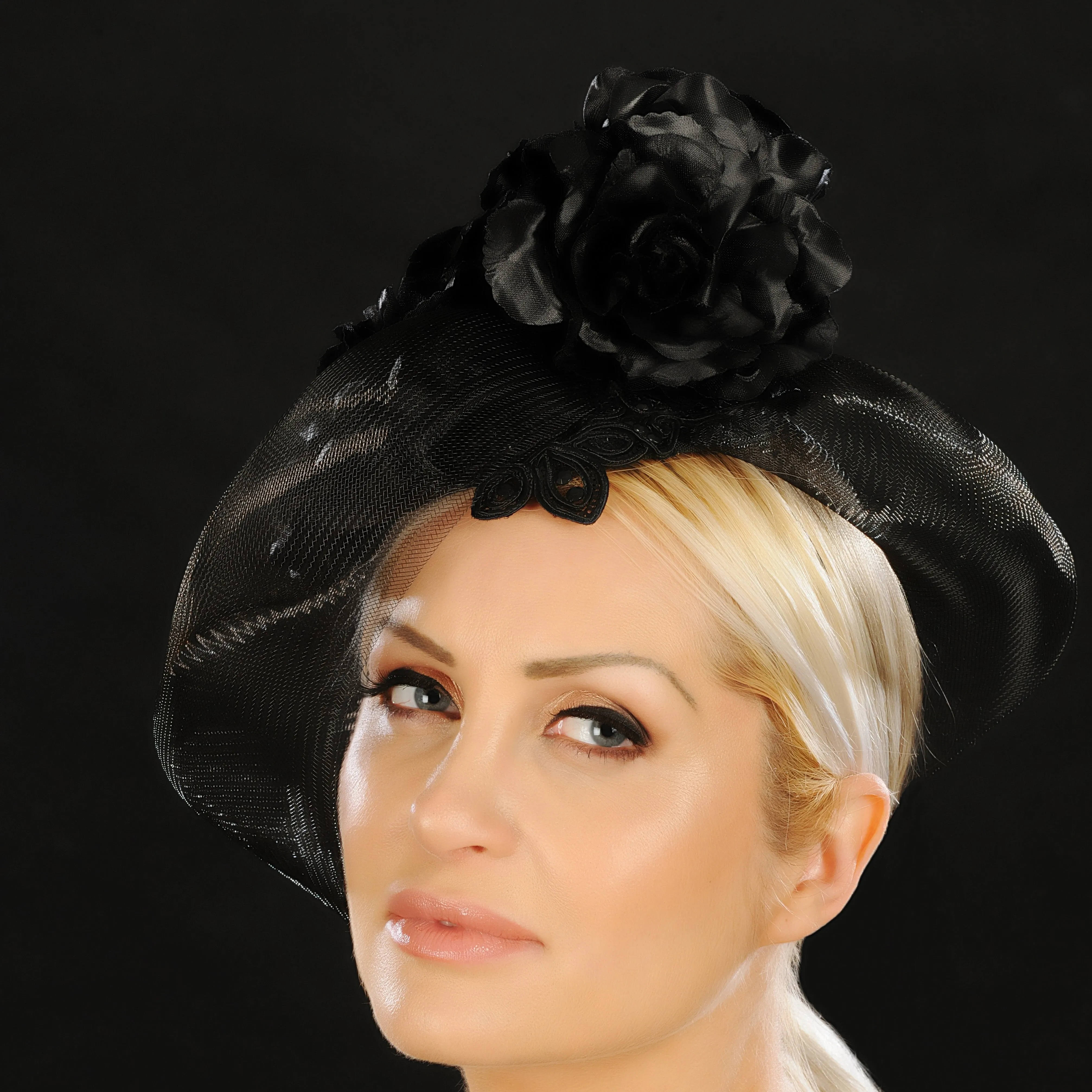 F3106- Black Fascinator with Satin Flower