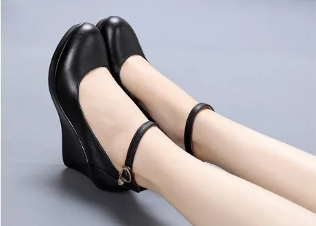 Fashion Ankle Strap High Wedges Platform Pumps For Casual Genuine Leather Black Work Shoes High Heels