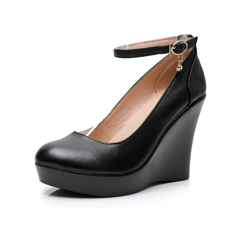 Fashion Ankle Strap High Wedges Platform Pumps For Casual Genuine Leather Black Work Shoes High Heels