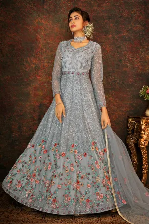 Floral Embroidered Grey Designer Wedding Anarkali Suit