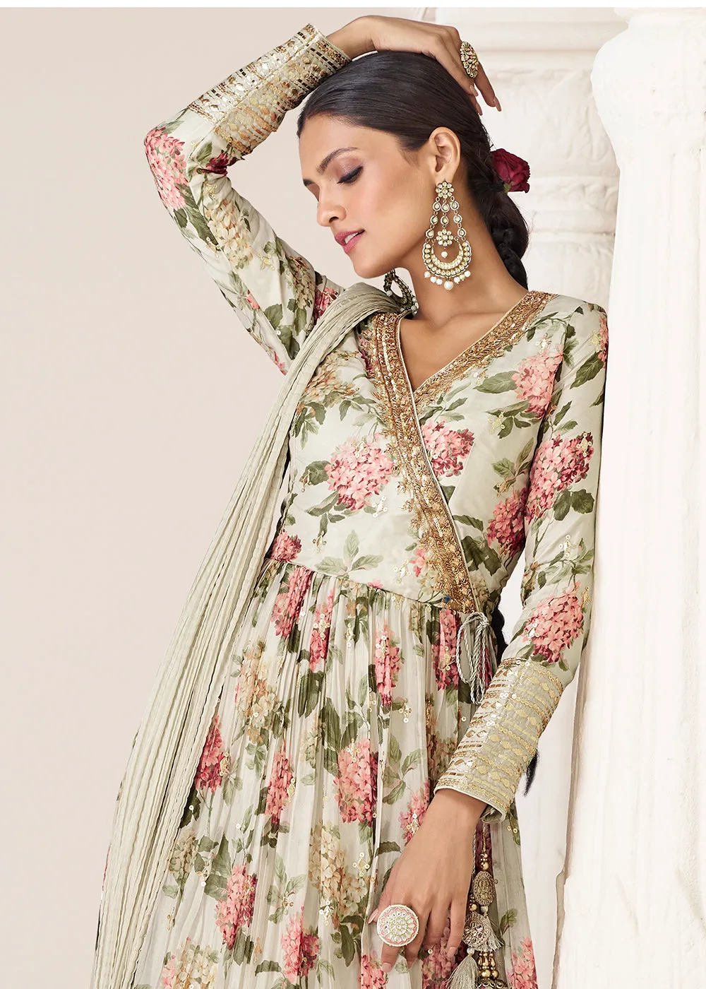 Floral Printed Off White Premium Organza Silk Anarkali Suit