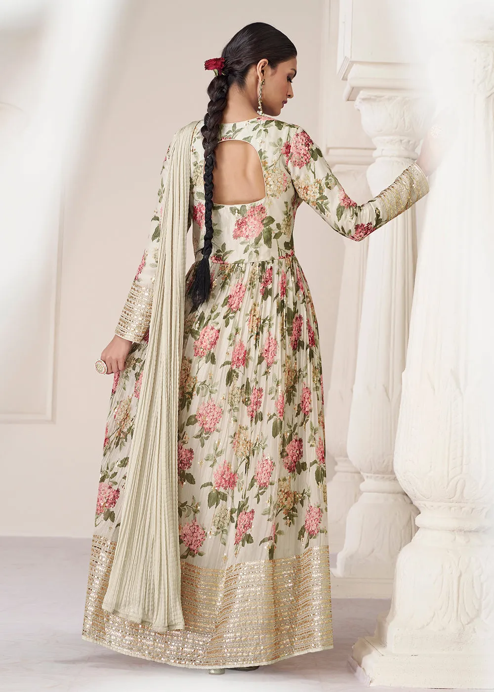 Floral Printed Off White Premium Organza Silk Anarkali Suit