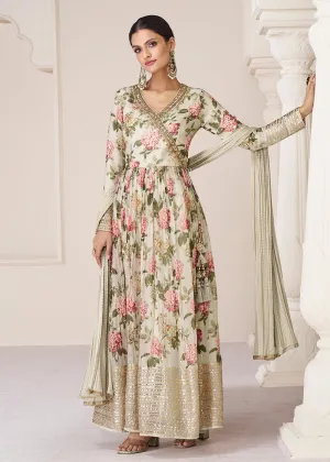 Floral Printed Off White Premium Organza Silk Anarkali Suit