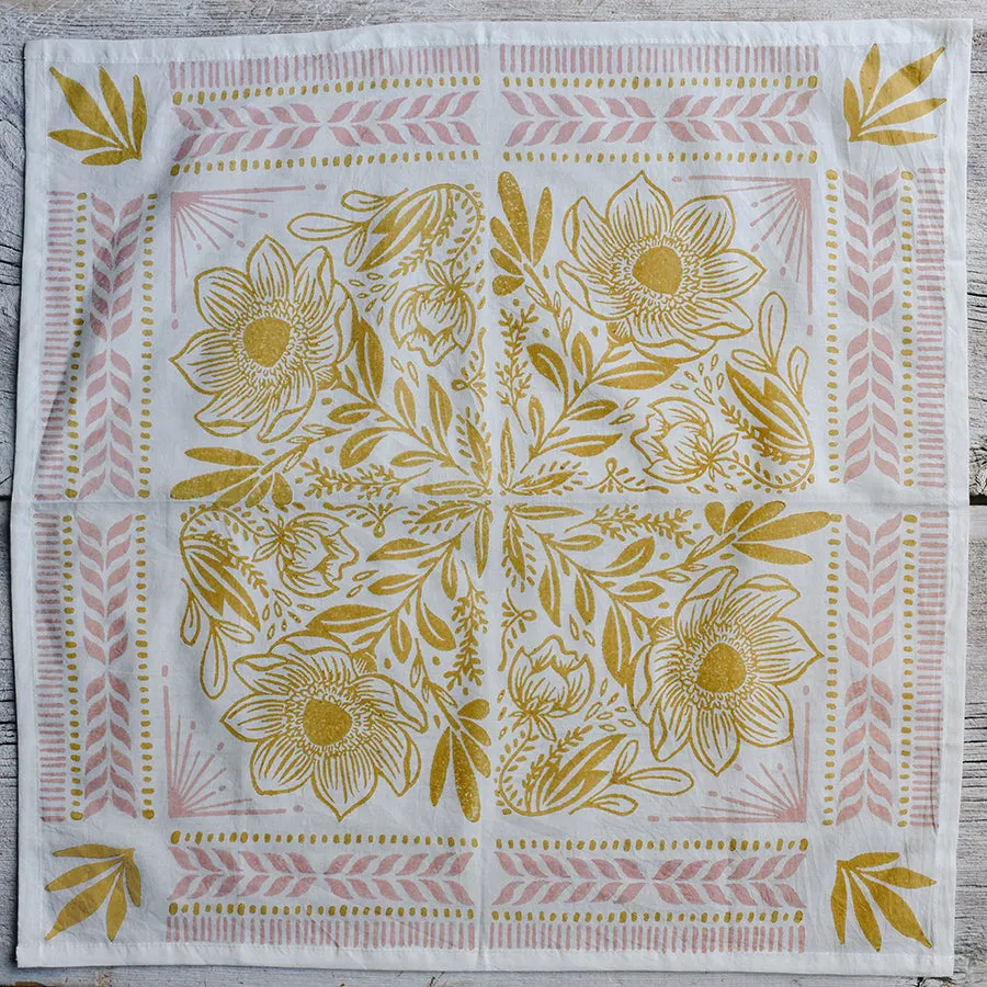 Hand Carved, Block Printed Floral Bandana, Rose Mustard