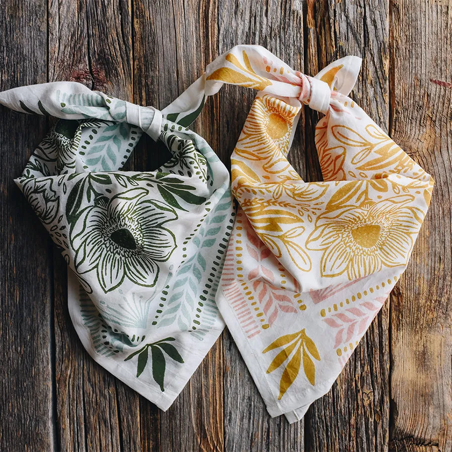 Hand Carved, Block Printed Floral Bandana, Rose Mustard