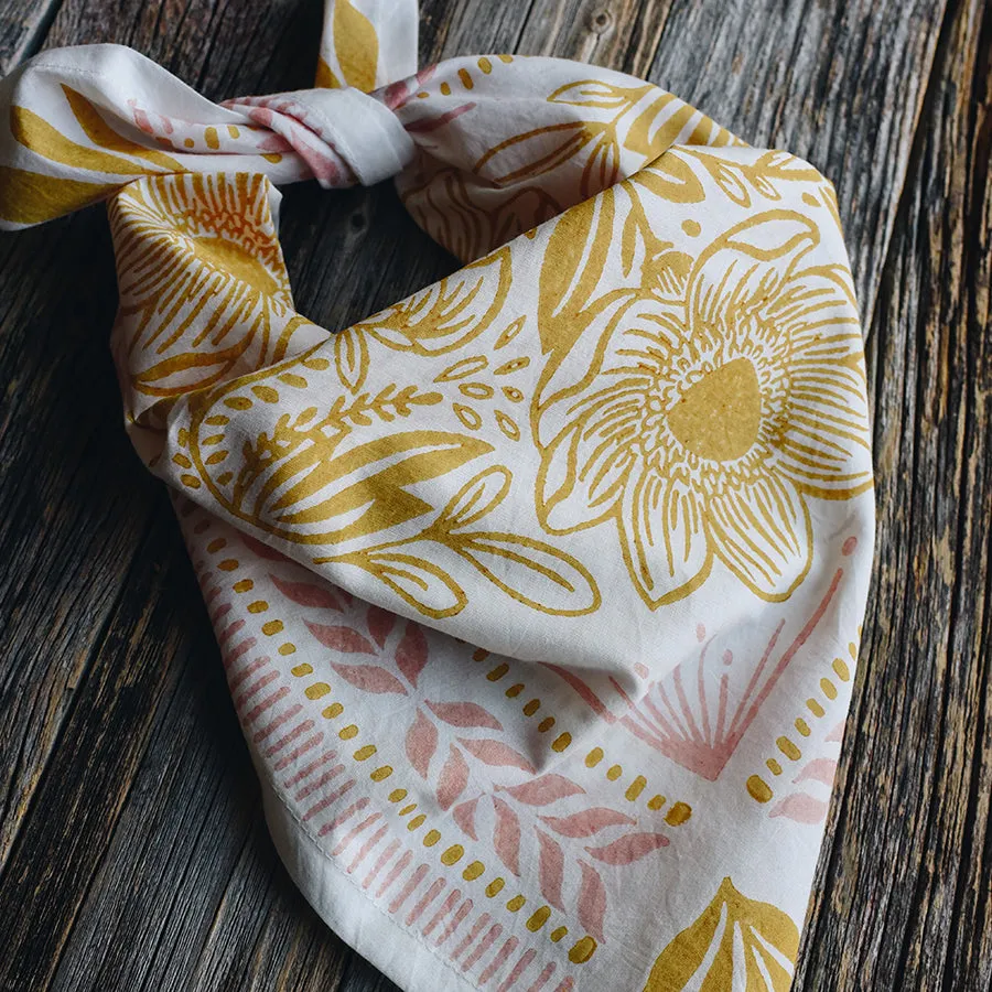 Hand Carved, Block Printed Floral Bandana, Rose Mustard