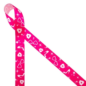 Hot pink ribbon Barbie inspired features shoes, hearts, lips and stars in white on a hot pink background printed on 5/8"white satin