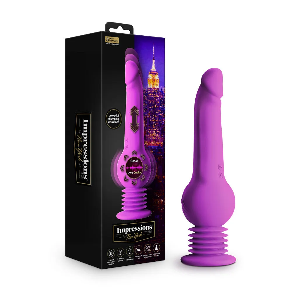 Impressions By Blush® | New York Gyro-Quake™ 9.75 Inch Vibrating & Thumping G Spot Dildo – Platinum Cured Silicone - Purple