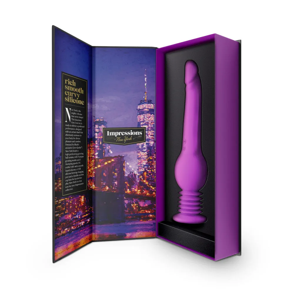 Impressions By Blush® | New York Gyro-Quake™ 9.75 Inch Vibrating & Thumping G Spot Dildo – Platinum Cured Silicone - Purple