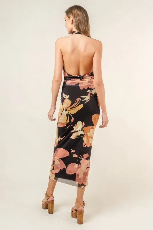 Marjorie Halter Neck Floral Print Mesh Midi Dress Black