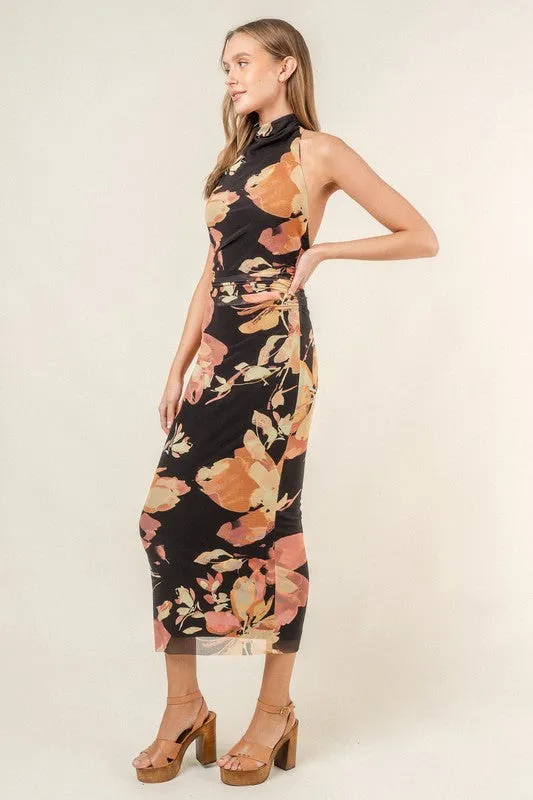 Marjorie Halter Neck Floral Print Mesh Midi Dress Black