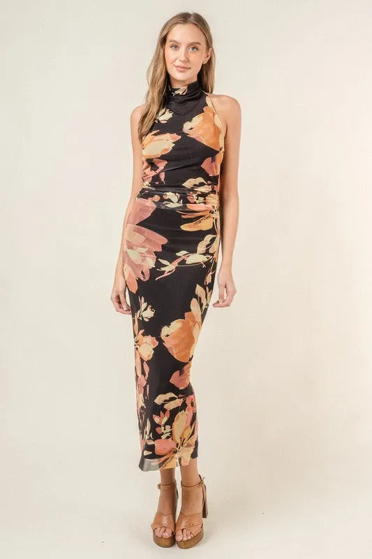 Marjorie Halter Neck Floral Print Mesh Midi Dress Black