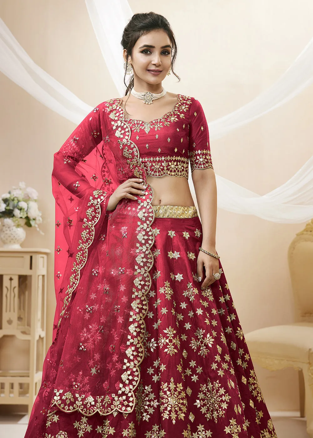 Marvelous Red Art Silk Embroidered Reception Wear Lehenga Choli