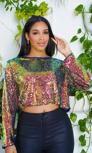 Metallic Sequin  Long Sleeve Top- Twilight