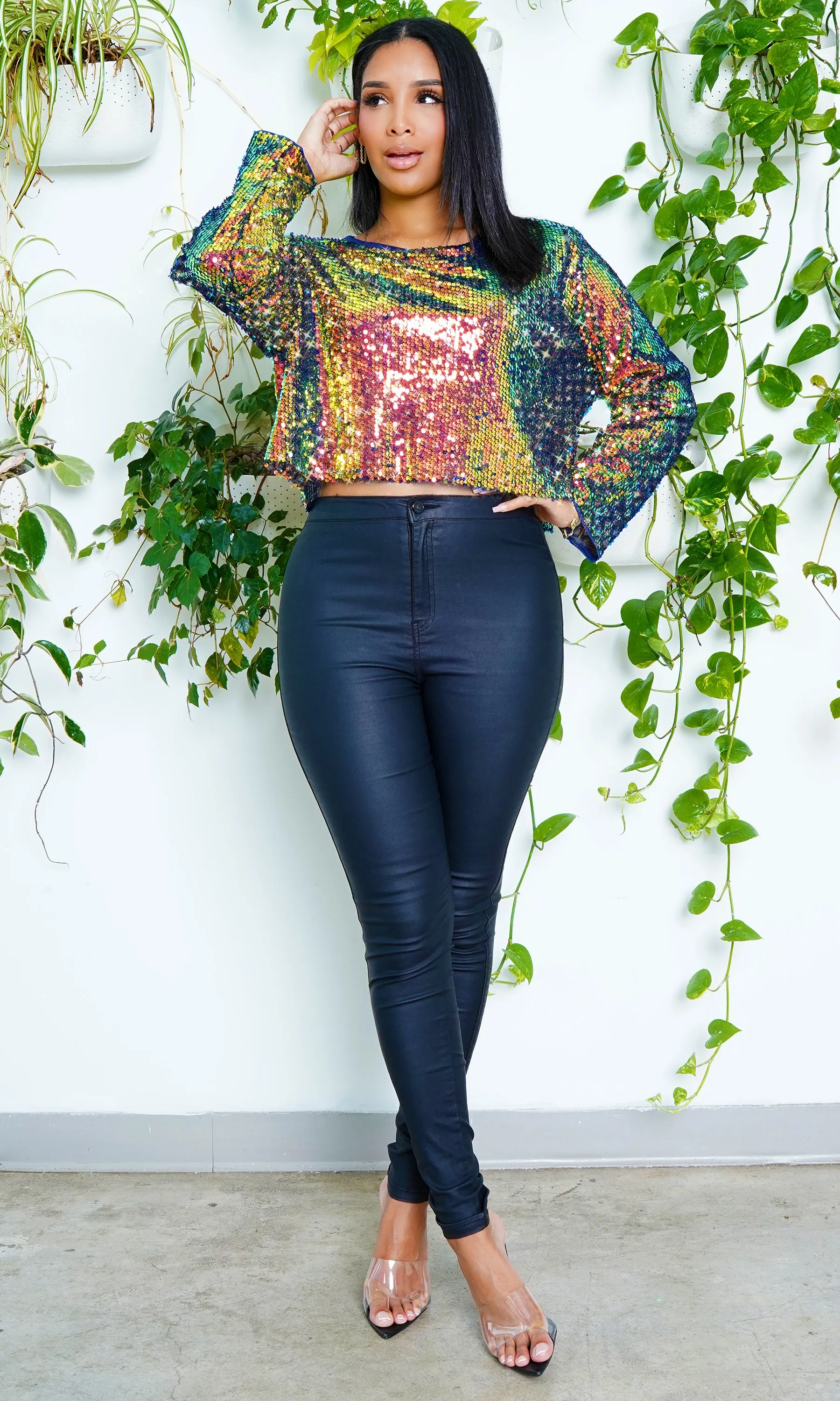 Metallic Sequin  Long Sleeve Top- Twilight