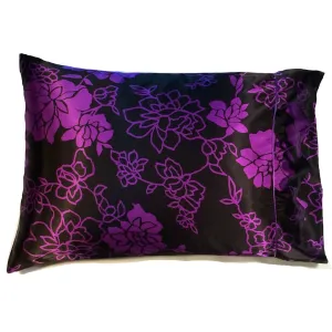 Neck Support Travel Pillow. Black with Etched Purple Flowers Satin.