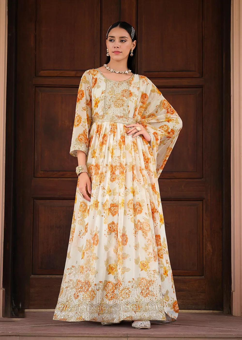 Off White Floral Digital Printed & Embroidered Festive Anarkali Gown