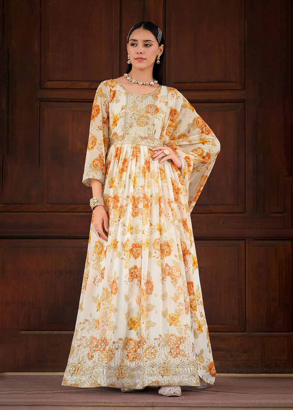 Off White Floral Digital Printed & Embroidered Festive Anarkali Gown