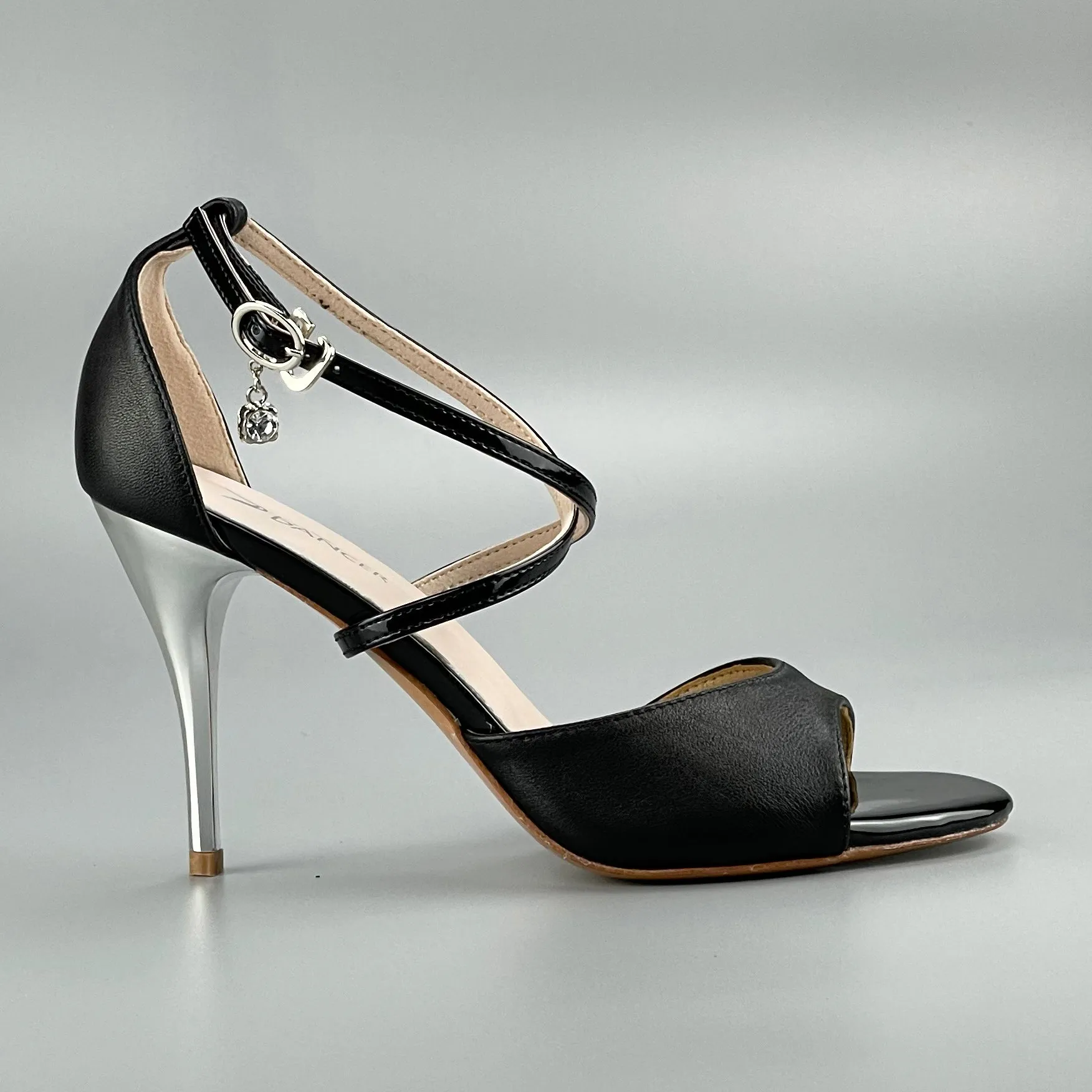 Open-toe and Closed-back Argentine Tango Shoes High Salsa Heels Hard Leather Sole Sandals Black