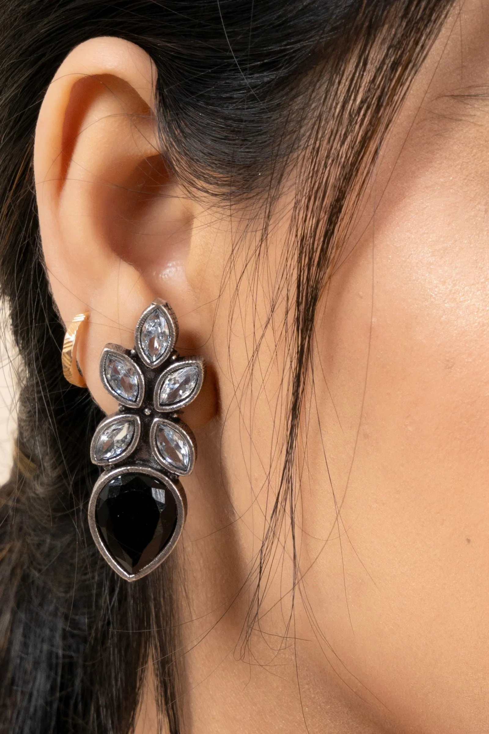 Oxidized Silver Cubic Zirconia Stud Earrings in White and Black - Unique Designer Elegance