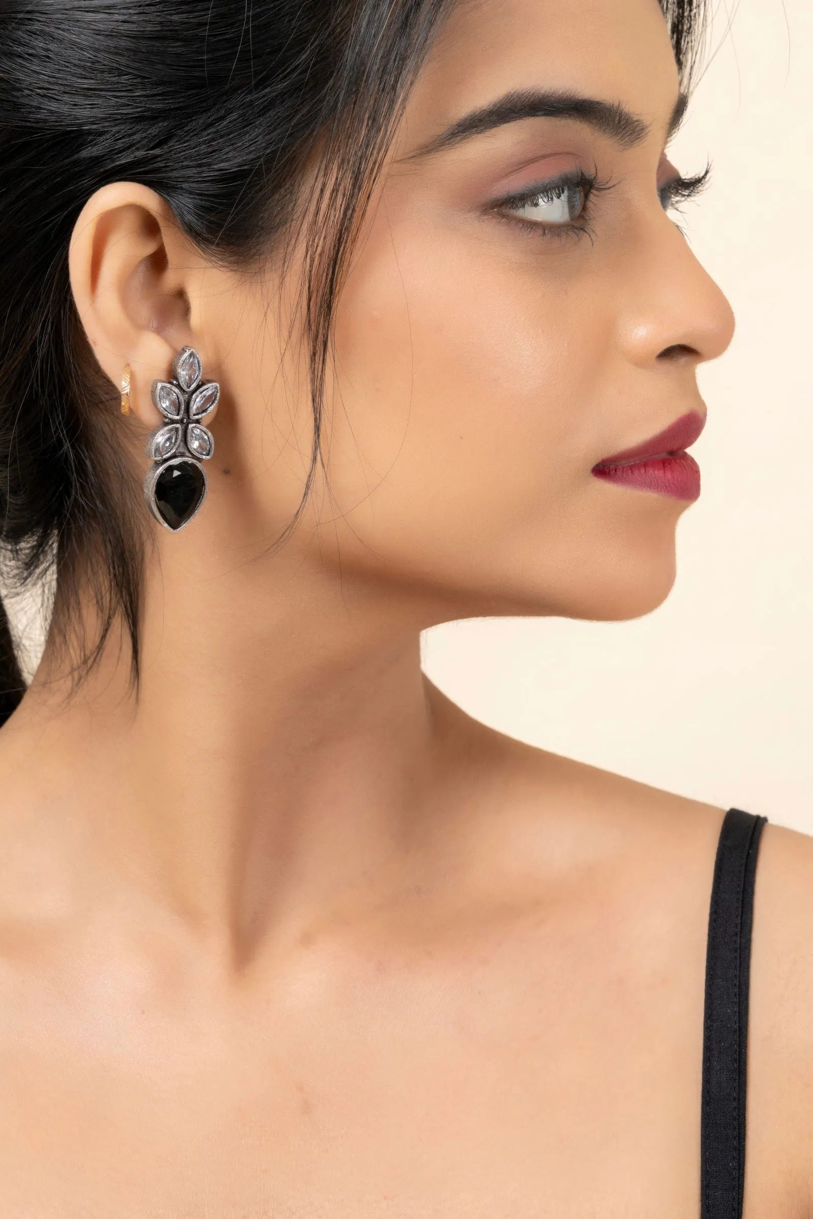 Oxidized Silver Cubic Zirconia Stud Earrings in White and Black - Unique Designer Elegance