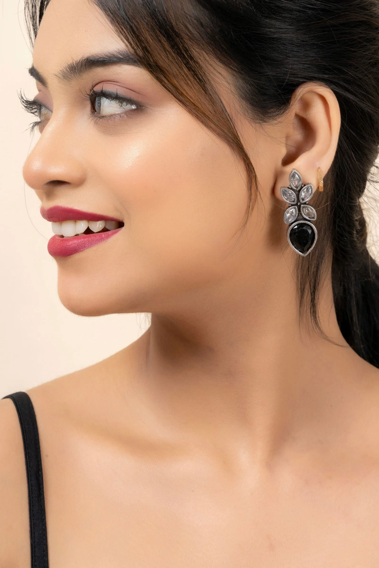 Oxidized Silver Cubic Zirconia Stud Earrings in White and Black - Unique Designer Elegance