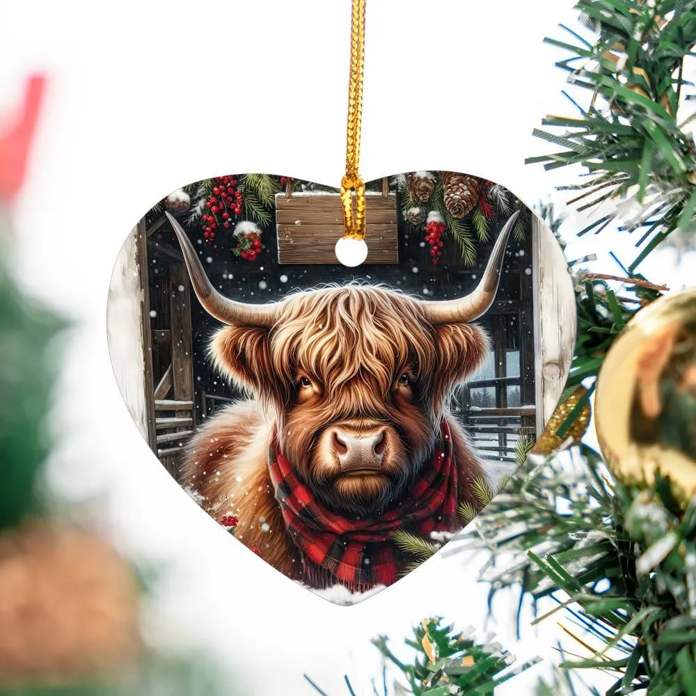 Plaid Scarf Highland Cow Christmas Ornament