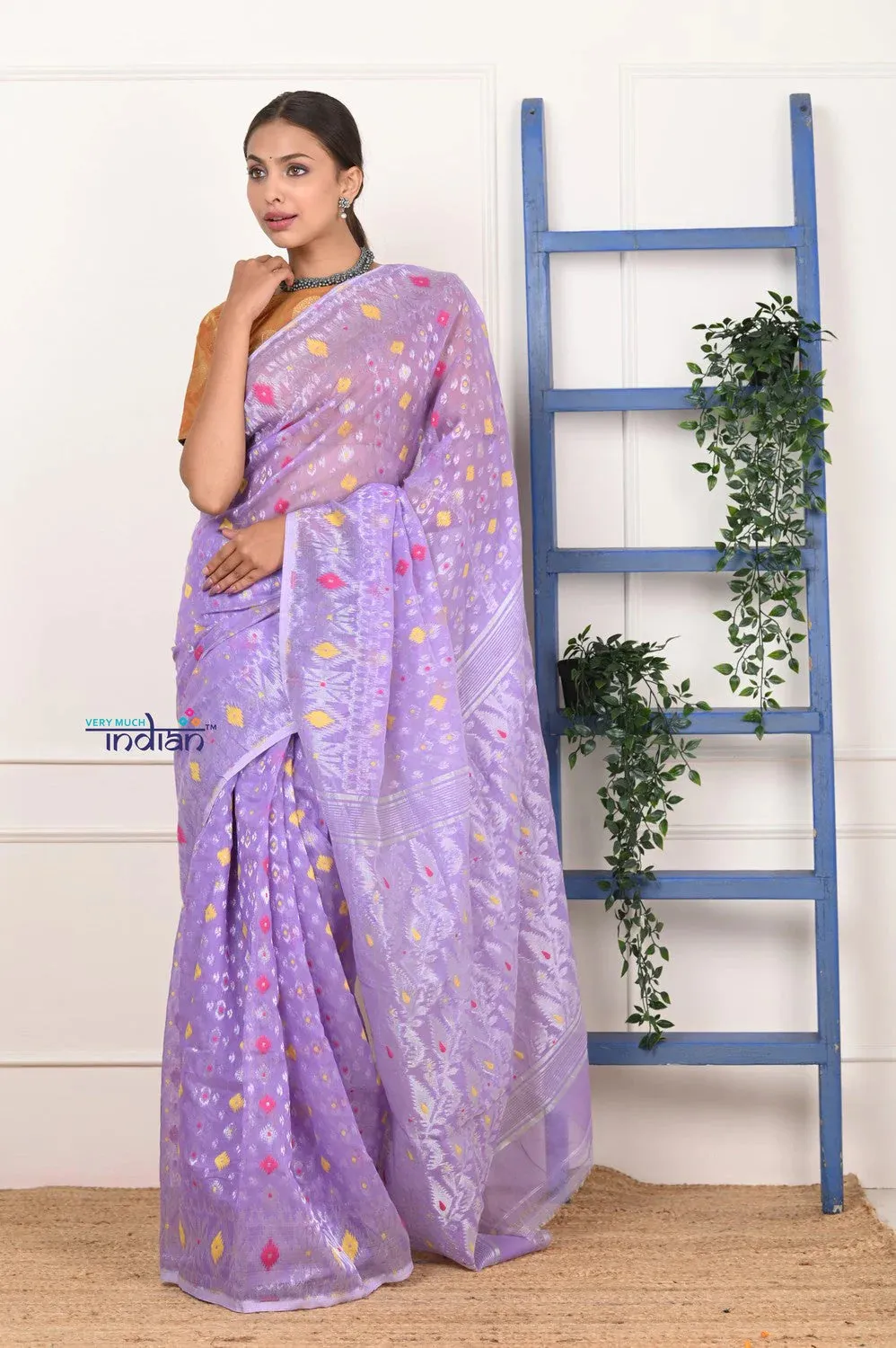 PREMIUM! Lilac Jamdhani Cotton Saree With Beautiful Pallu*