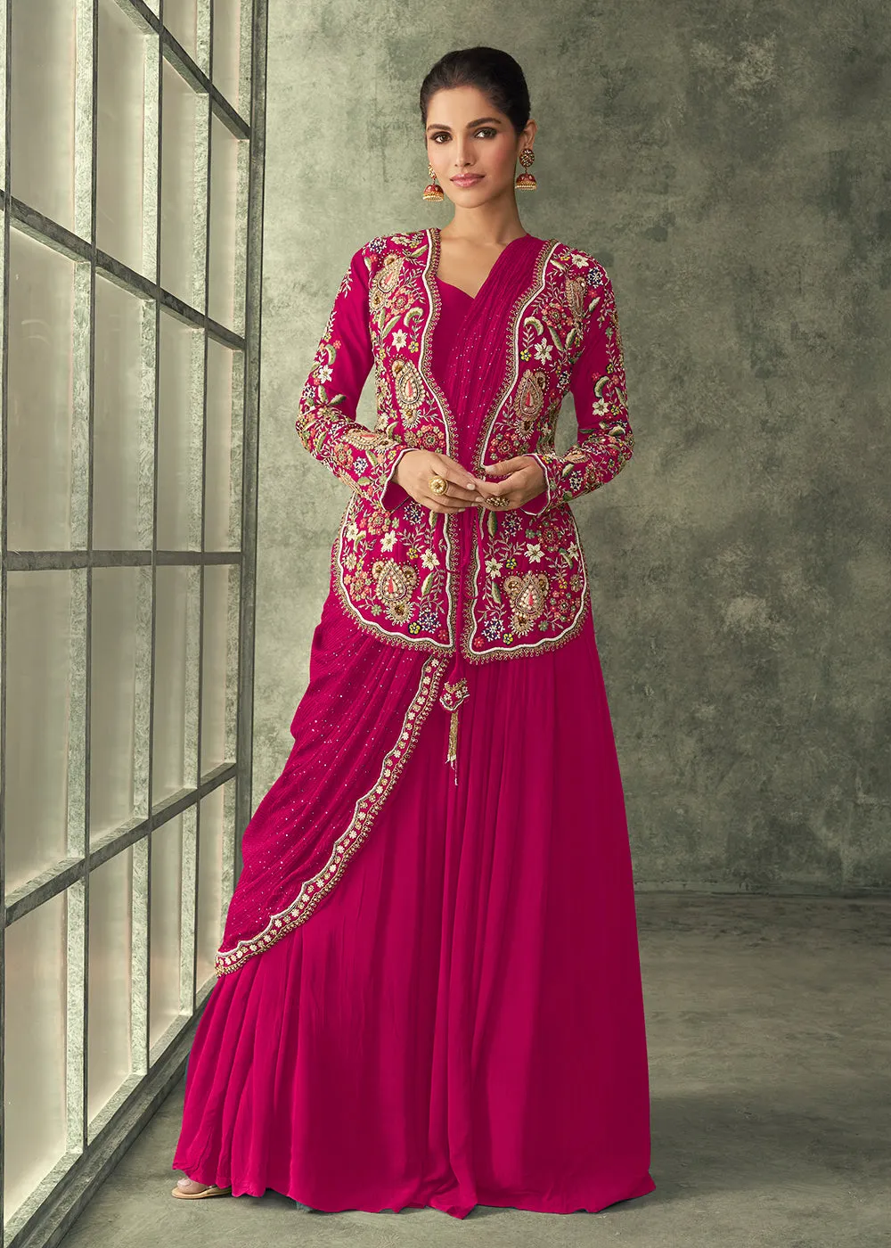 Rani Pink Silk Embroidered Designer Gown with Jacket