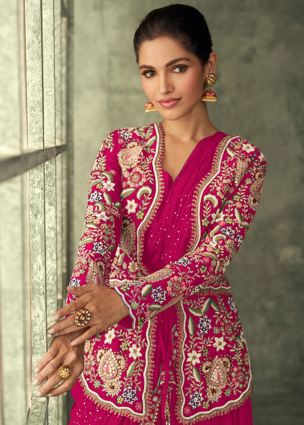 Rani Pink Silk Embroidered Designer Gown with Jacket