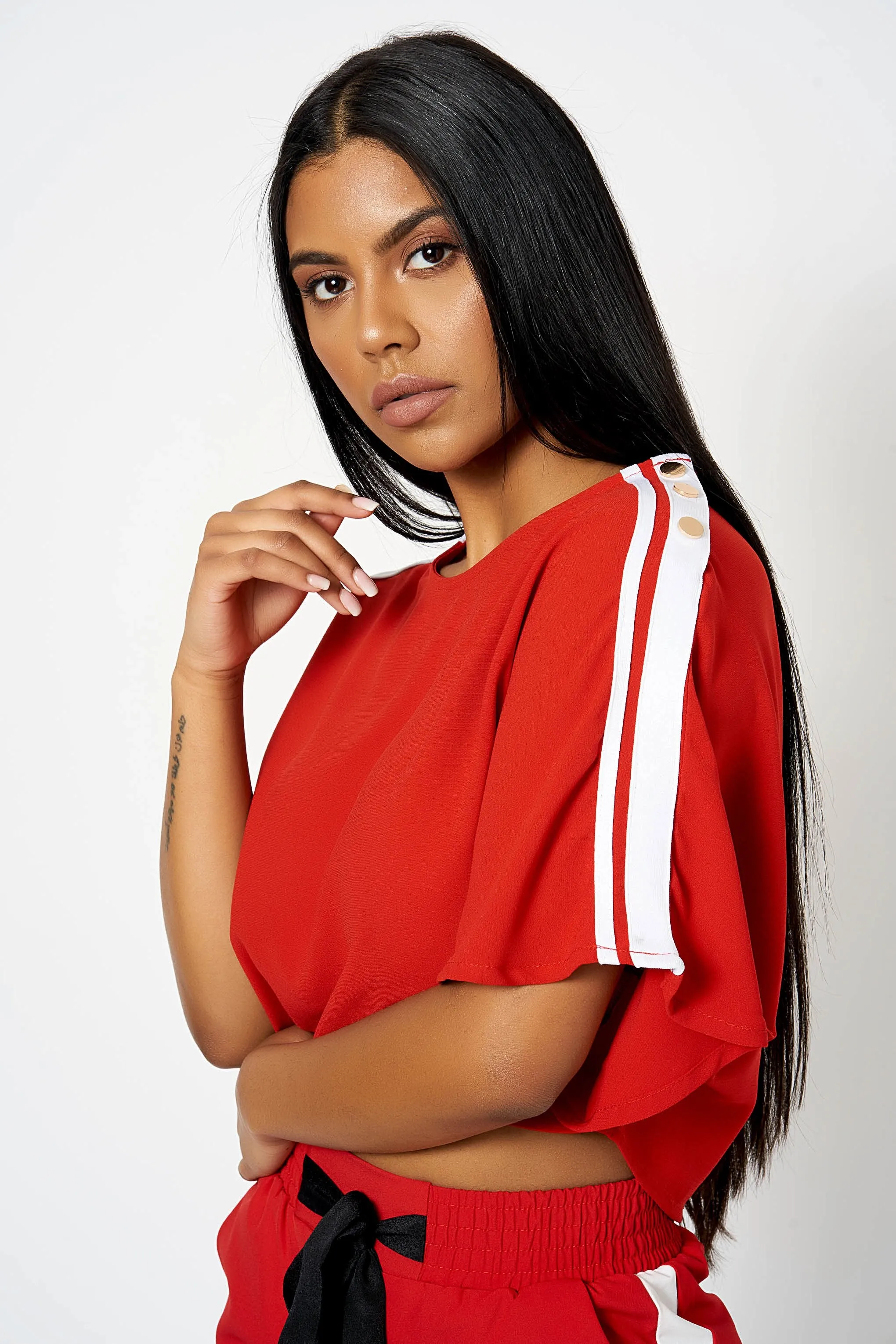 Red Contrast Stripe Co-Ord Crop Top