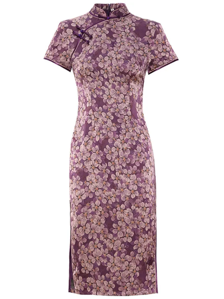 Romantic Vintage Purple Floral Printed Qipao Cheongsam Dress