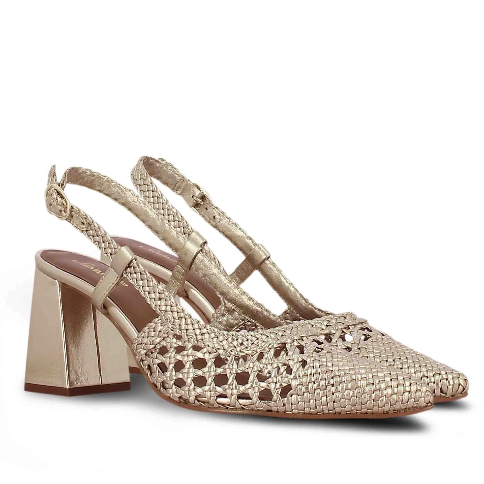 Saint Delaney Platin Hand Woven Leather Block Heels