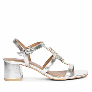 Saint Donya Stones Silver Metallic Leather Block Heels