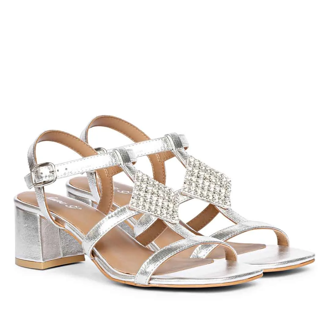 Saint Donya Stones Silver Metallic Leather Block Heels