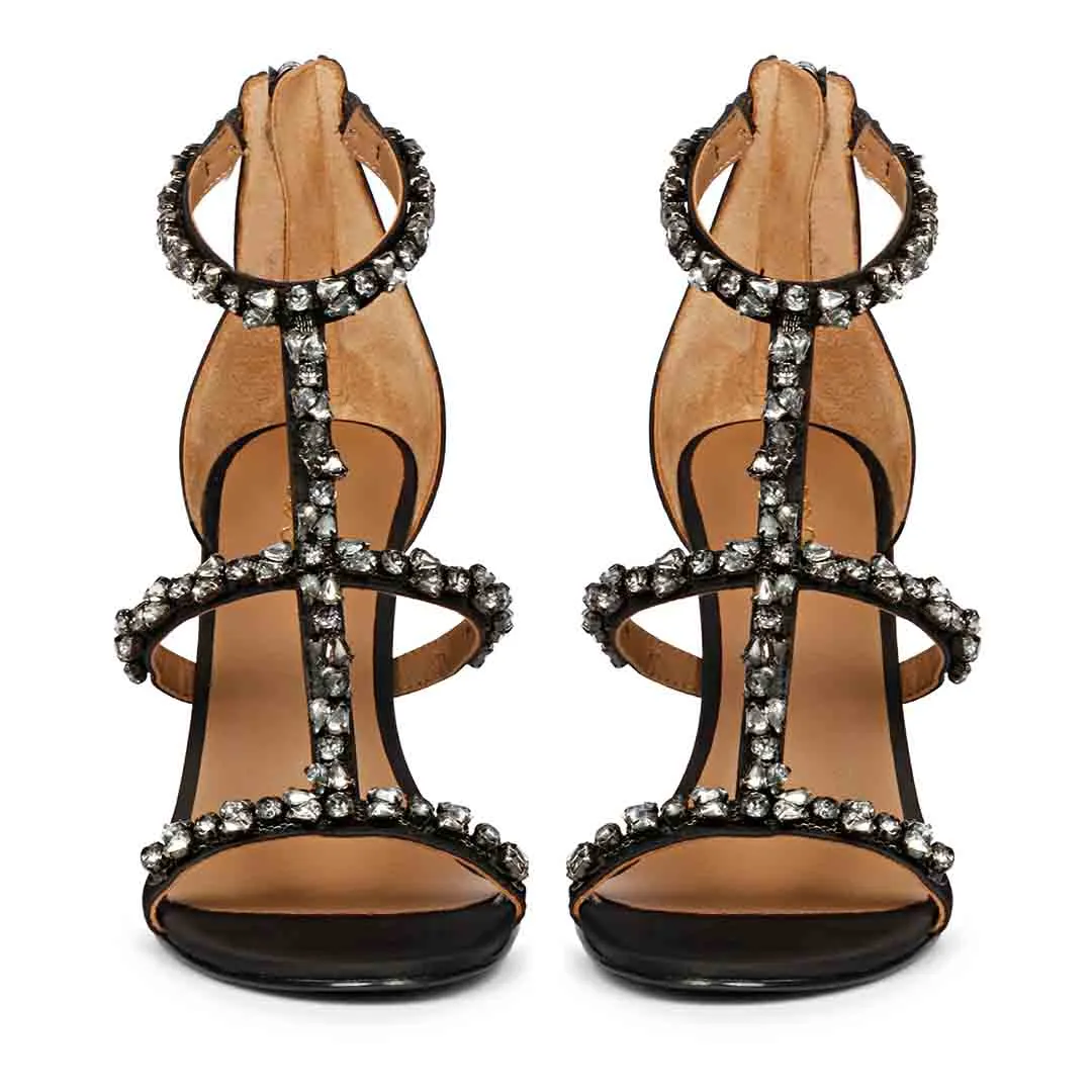 Saint Ella Stone Embellished Black Strappy Leather Stilettos