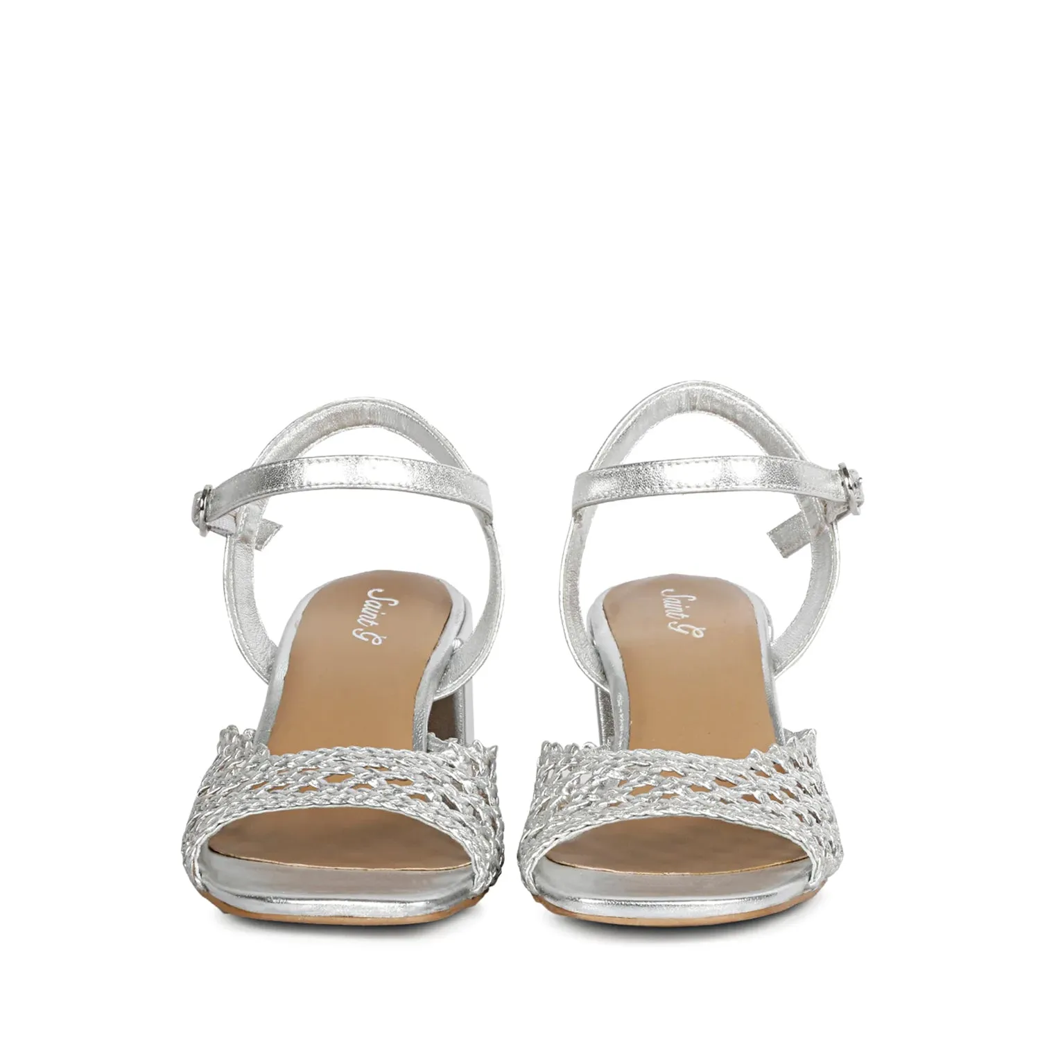 Saint Felicia Silver Hand Woven Leather Block Heels